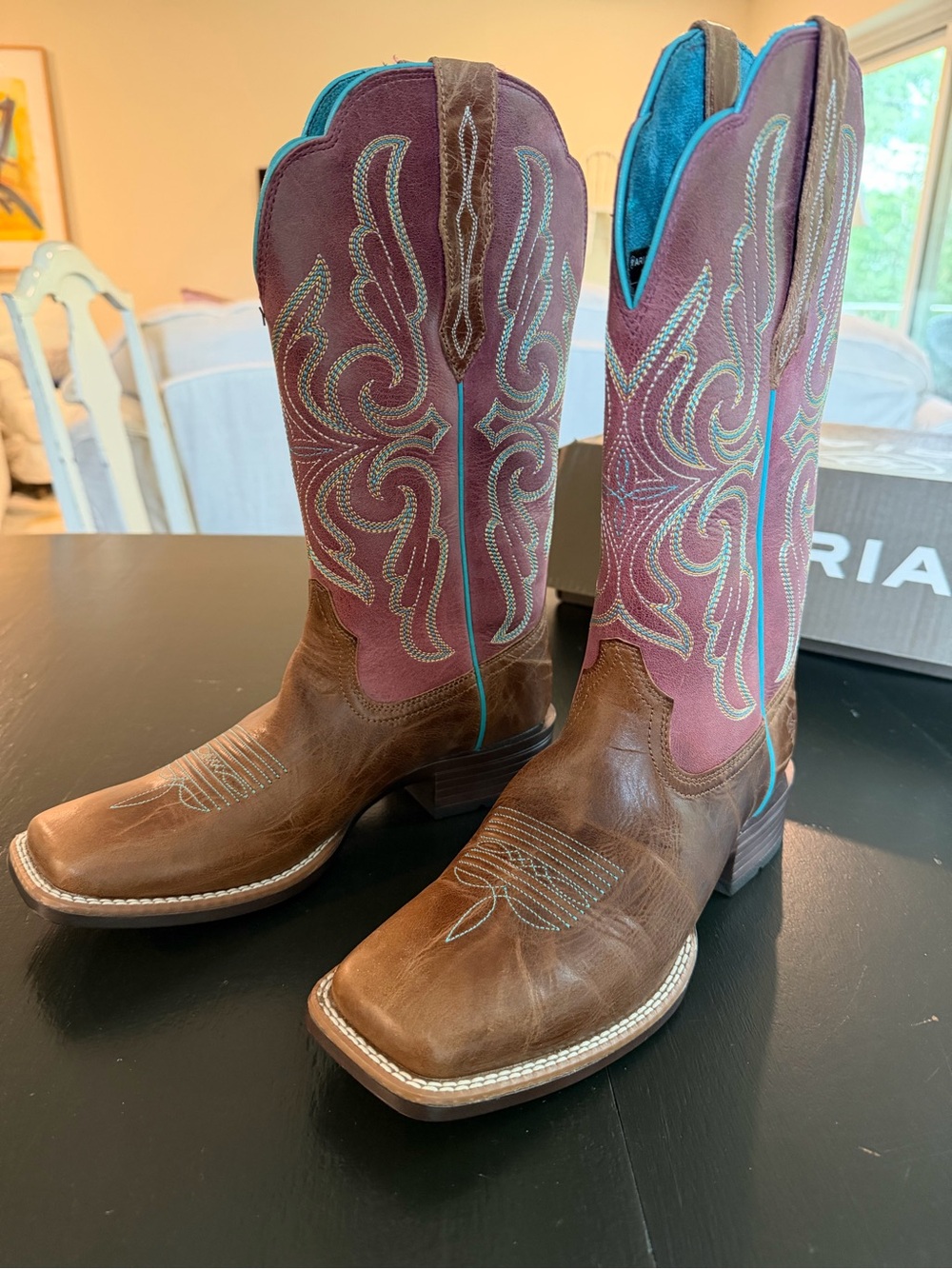 Ariat Brown Leather Boots with Pomegranate Upper with Turquoise Stitching 9B